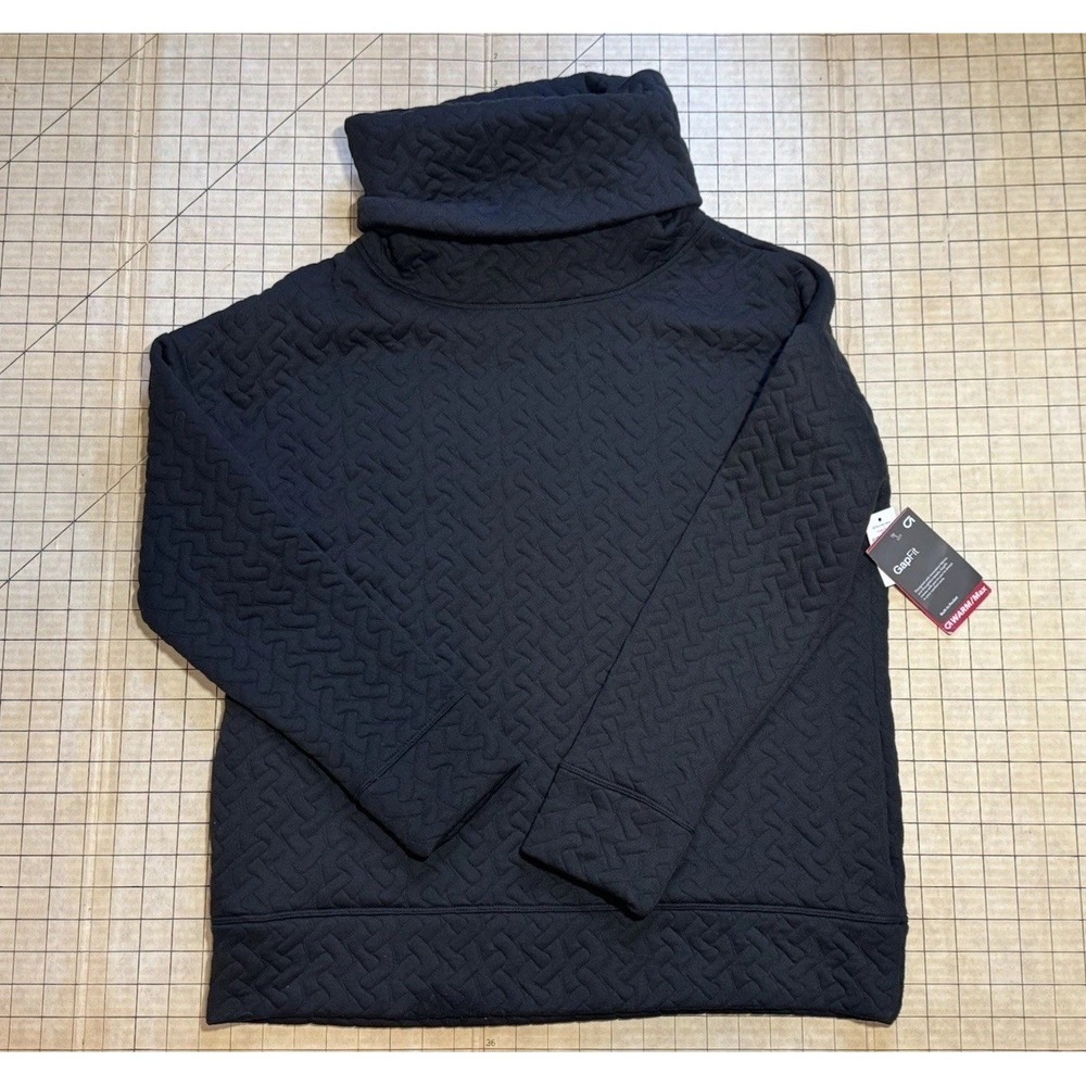 Gap Fit Black Quilted Textured Roll Neck Pullover Sweatshirt Size M Pockets NWT